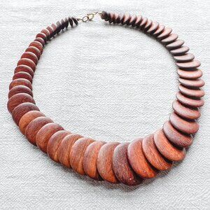 Vintage Teak Wood Disc Graduated Bead Statement Necklace